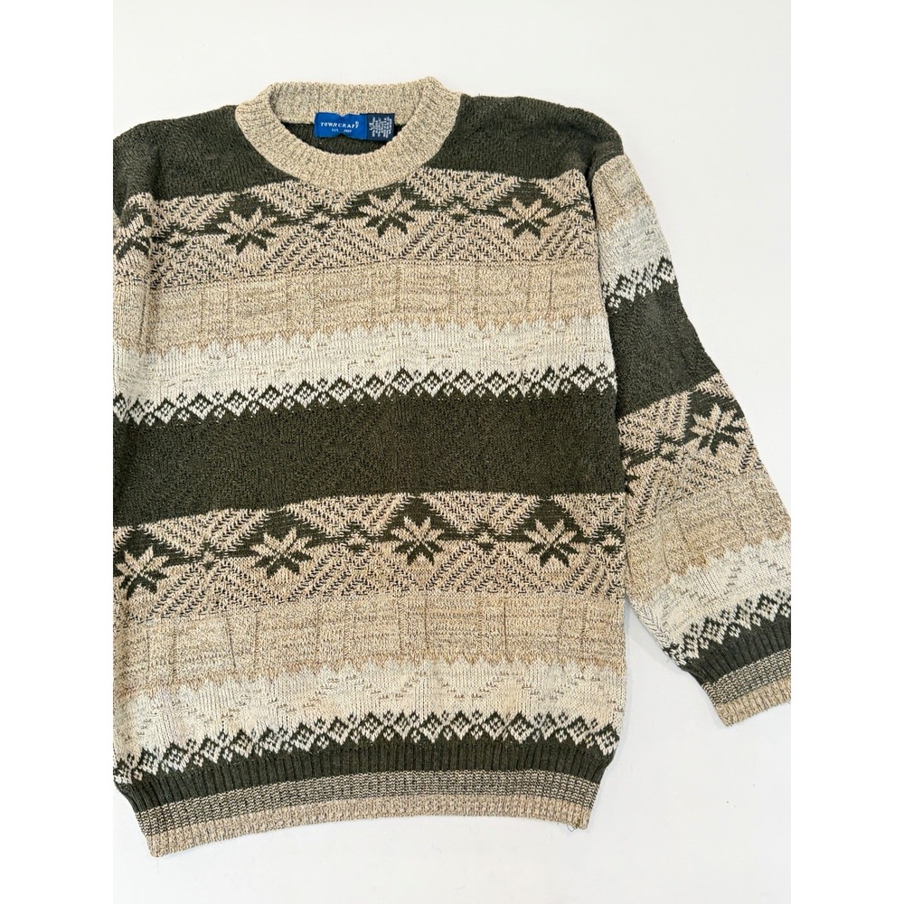 Towncraft Cotton Acrylic Fair Isle Crewneck Pullover Sweater Mens L Gray Beige